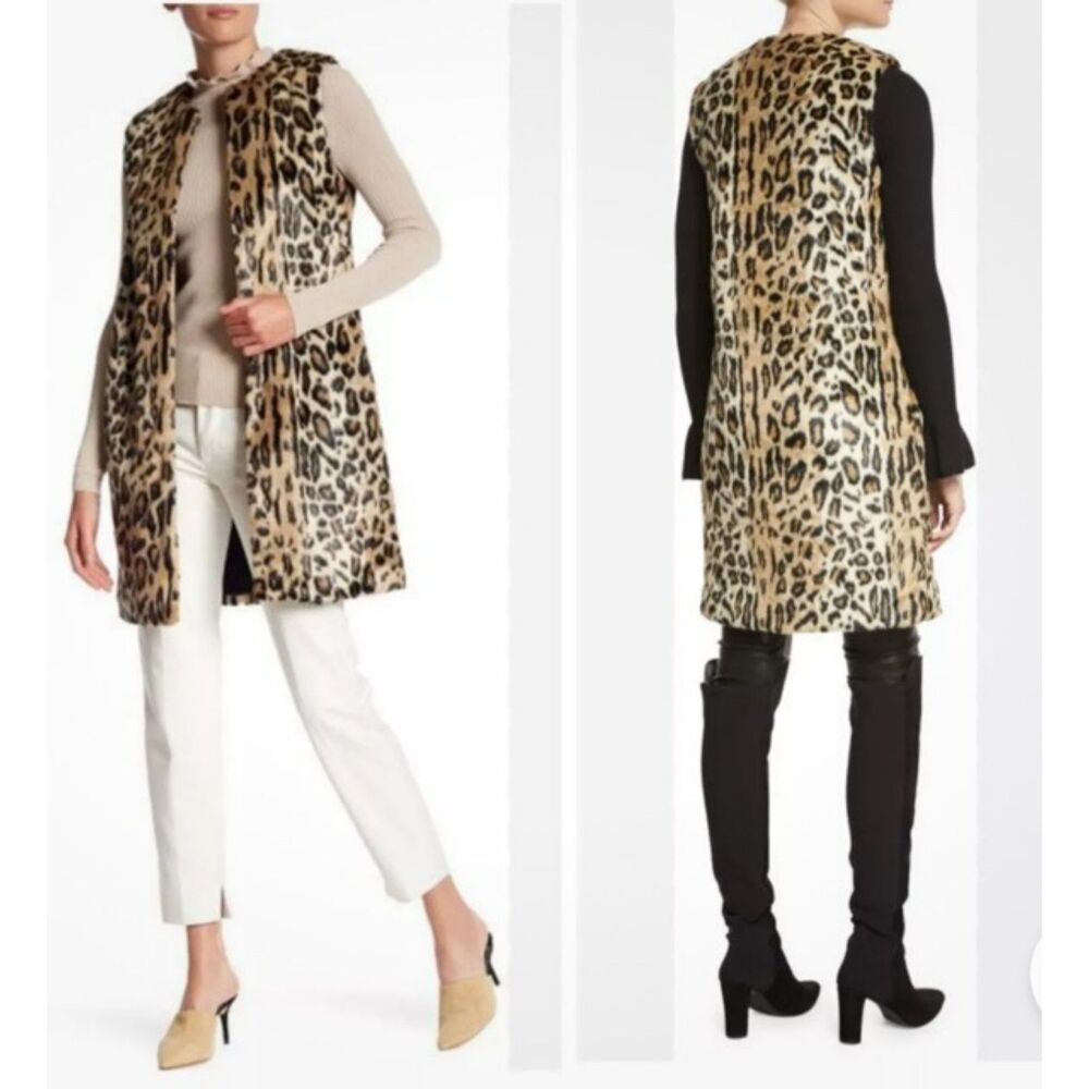 ALICE + OLIVIA LEOPARD ANIMAL FAUX FUR TUNIC VEST QUILTED LINING SIZE XS NWOT